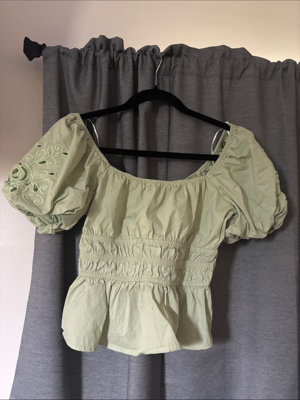 Light Green Puff-Sleeve Peplum Top - Women